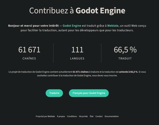 Capture d'écran de la page du projet de traduction communautaire Godot sur weblate