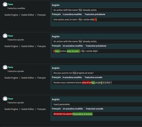 Capture d'écran d'un extrait de certaines de mes traductions/corrections sur la partie éditeur de Godot