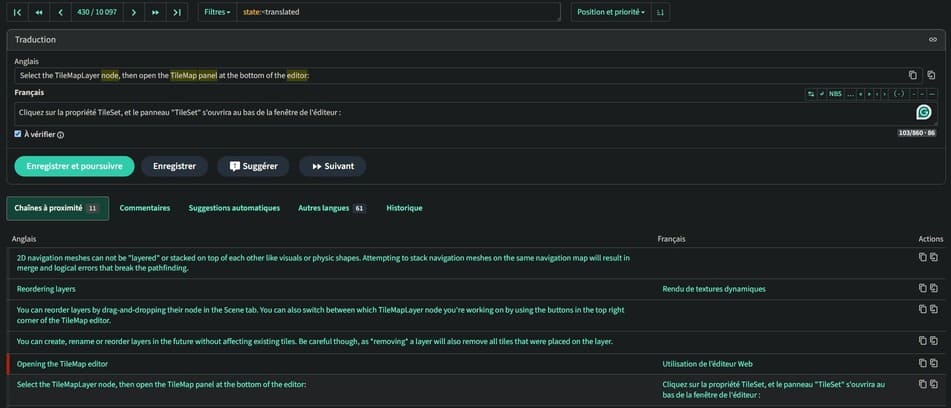 Capture d'écran d'une chaîne traduite dans la partie documentation de l'éditeur de Godot
