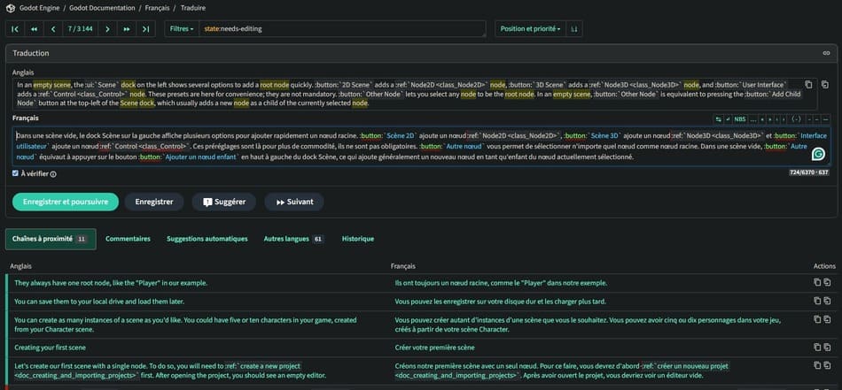 Capture d'écran d'une chaîne à corriger dans la partie documentation de l'éditeur de Godot