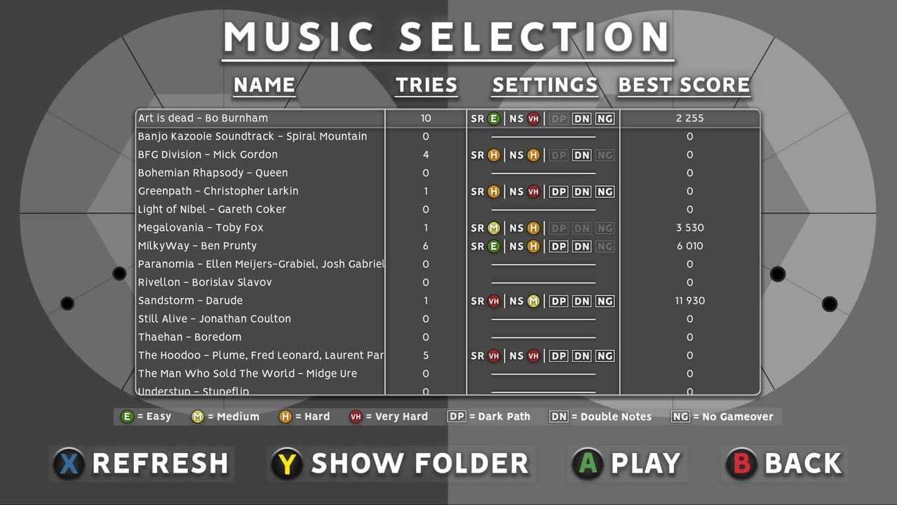 Capture d'écran dans l'interface de sélection de la musique de Twin Stick