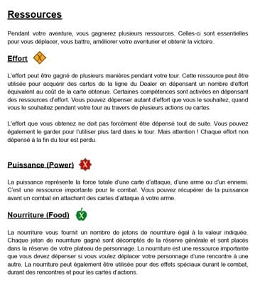 Extrait de page du livret de règle traduit d'Hand of Fate: Ordeals en français (page sur les ressources)