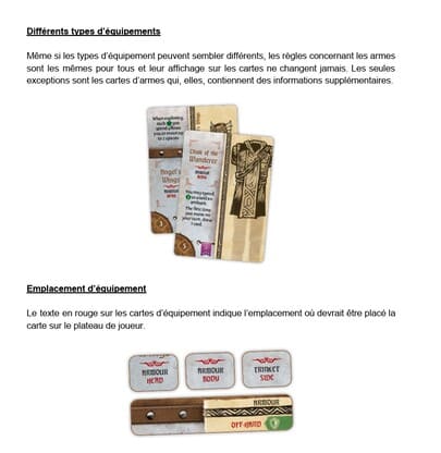 Extrait de page du livret de règle traduit d'Hand of Fate: Ordeals en français (page sur les équipements)